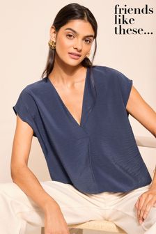 Friends Like These Navy Blue Short Sleeve V Neck Woven Blouse (N22265) | 1,717 UAH