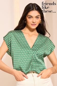 Friends Like These Green Short Sleeve V Neck Woven Blouse (N22266) | KRW64,000