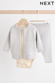 Grey Knit Zip 100% Cotton Jumper and Joggers 3 Piece Set (0mths-2yrs) (N22284) | $41 - $45