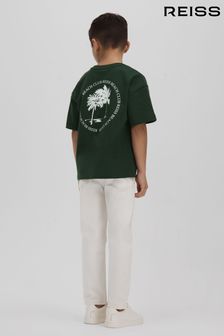 Dunkelgrün - Reiss Baumwoll-T-Shirt mit Rundhalsausschnitt und Palmenmotiv (N22856) | 34 €