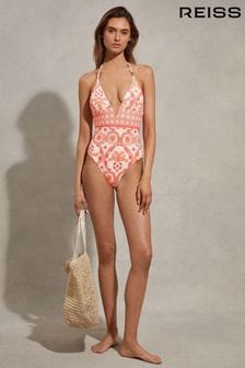 Reiss Cream/Coral Leonora Printed Plunge Neck Swimsuit (N22882) | 69,300 Ft