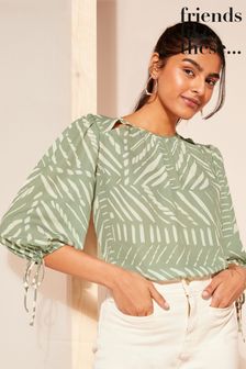 Friends Like These Khaki Green 3/4 Sleeve Chiffon Tie Cuff Blouse (N22892) | €38