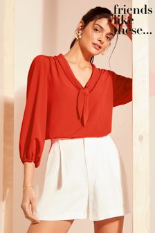 Friends Like These Red V Neck Bow Front 3/4 Sleeve Blouse (N22896) | €43