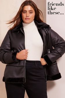 Friends Like These Black Curve Faux Fur Aviator Style Coat (N24243) | OMR41