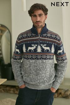 Navy Blue/Grey Reindeer - Zapinane pod szyją - Regular Fit Cotton Rich Christmas Jumper (N24330) | 230 zł