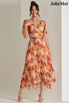 Jolie Moi Red Pleated Chiffon High Low Maxi Dress (N24334) | €105