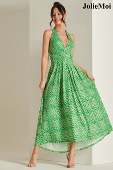 Jolie Moi Green Plunge Neck Shirred Back Maxi Dress (N24335) | €107