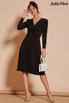 Jolie Moi Black Long Sleeve Pleated Jersey Midi Dress (N24341) | OMR35