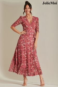 Jolie Moi Pink Daliyah Wrap Front Mesh Maxi Dress (N24343) | €111
