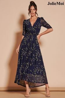 Niebieski - Jolie Moi Dasha Ruched Sleeved Mesh Maxi Dress (N24346) | 535 zł