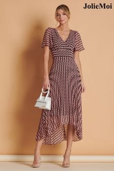 Jolie Moi Pink Spot Pleated Dip Hem Chiffon Maxi Dress (N24347) | OMR41
