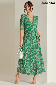 Jolie Moi groene lange Daliyah jurk van mesh met overslag aan de voorkant (N24349) | €130