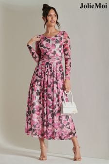 Robe longue Jolie Moi rose en maille à imprimé abstrait et à manches longues (N24352) | 125€