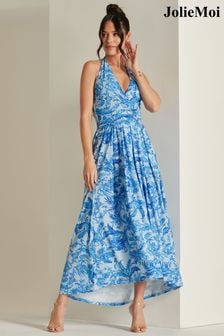 Jolie Moi Blue Plunge Neck Shirred Back Maxi Dress (N24361) | $117