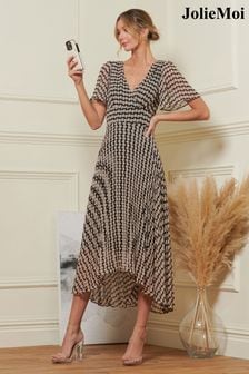 Jolie Moi Brown Spot Angel Sleeve Pleated Chiffon Maxi Dress (N24371) | $135