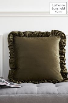Catherine Lansfield Olive Green So Soft Velvet Double Frill Cushion (N25661) | €23