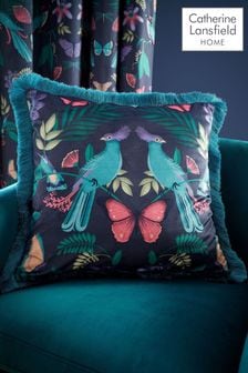 Catherine Lansfield Navy Blue Mya Tropical Floral Fringe Cushion