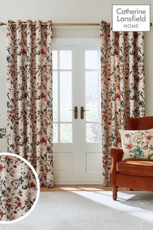Catherine Lansfield Natural Pippa Floral Birds Lined Eyelet Curtains (N25903) | €47 - €126