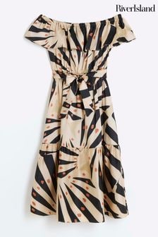River Island Black/Cream Girls Printed Bardot Dress (N26196) | AED142