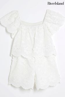 River Island White Girls Tiered Broderie Playsuit (N26254) | 1,602 UAH
