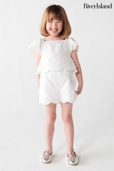 River Island White Mini Girls White Broderie Bardot Playsuit (N26257) | KRW53,400