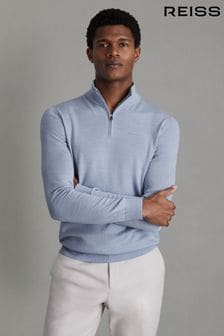 Reiss Soft Blue Melange Blackhall Merino Wool Half-Zip Funnel Neck Jumper (N26660) | $173