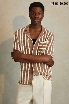 Reiss Camel/White Spritz Oversized Crochet Striped Cuban Collar Shirt (N26663) | €186