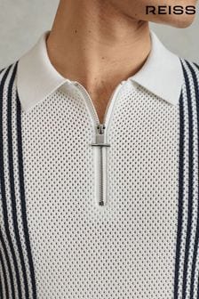 Reiss Blue/White Berlin Open-Stitch Half-Zip Polo Shirt (N26712) | 809 QAR