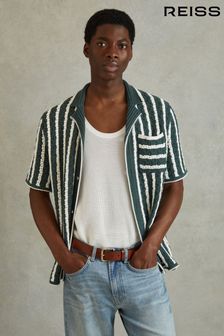 Verde/alb - Reiss Spritz Oversized Crochet Striped Cuban Collar Shirt (N26718) | 1,056 LEI