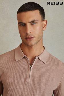Reiss Soft Pink Ivor Textured Half-Zip Polo Shirt (N26723) | KRW220,500