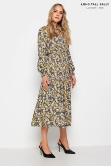 Long Tall Sally Black & Yellow Tie Neck Midi Dress (N26740) | 193 QAR