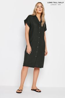 Long Tall Sally Black Linen Button Through Shirt Dress (N26757) | KRW83,300