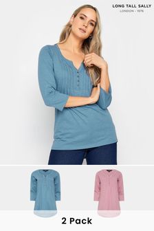 Long Tall Sally Blue & Pink Cotton Henley Tops 2 Pack (N26779) | LEI 233