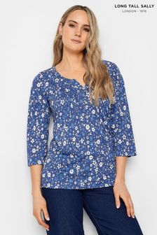 Long Tall Sally Navy Blue Floral Print Cotton Henley Top (N26789) | €31
