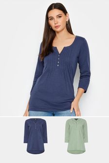 Long Tall Sally Mid Blue Cotton Henley Tops 2 Pack (N26806) | €50