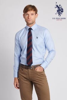 Modra - bela moška srajca iz kepra z dolgimi rokavi in vzorcem ribje kosti U.S. Polo Assn. (N27010) | €74