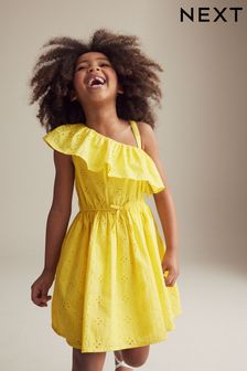 黃色英式繡花 - 單邊袖洋裝 (3-16歲) (N27552) | NT$800 - NT$1,020