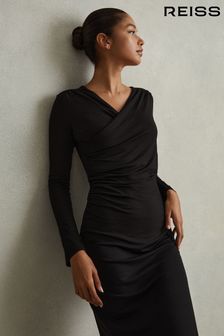 Reiss Black Dionne Jersey Wrap Front Midi Dress (N27562) | SGD 353