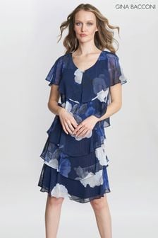 Gina Bacconi Blue Benita Printed V-Neck Tiered Dress With Embellishment (N27621) | $394