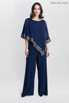 Gina Bacconi Black Eve Asymmetrical Cape Jumpsuit With Foil Trim (N27622) | $492