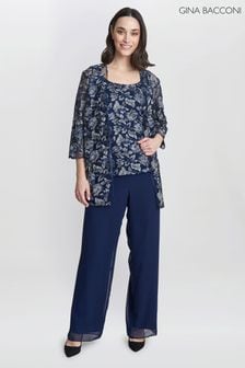 Gina Bacconi Blue Nikki 3 Piece Trousers Suit: With Embroidered Tank Top And Elongated Jacket (N27623) | KRW555,000