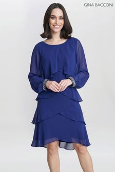 Gina Bacconi Blue Sakura Long Sleeved Tiered Dress With Rhinestone Beading At Cuff (N27624) | kr4 390