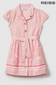 Reiss Pink Print Eliza Teen Cotton Linen Capped Sleeve Belted Dress (N27651) | AED562