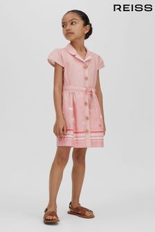 Reiss Pink Print Eliza Junior Cotton Linen Capped Sleeve Belted Dress (N27683) | 500 QAR