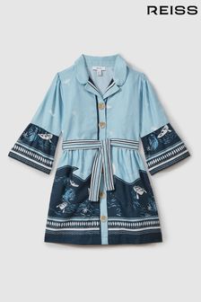 Reiss Blue Print Hettie Cotton Linen Flared Sleeve Dress (N27692) | 588 QAR