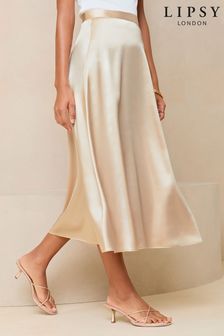 Lipsy Champagne Gold Petite Satin A Line Midi Skirt (N27812) | AED147