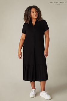 Live Unlimited Black Jersey Tiered Midi Shirt Dress (N27957) | $121