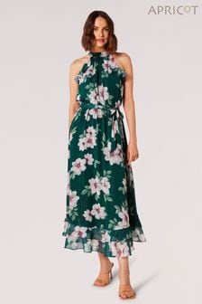 Apricot Green Painterly Floral Shimmer Midi Dress (N27973) | KRW117,400