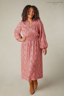 Live Unlimited Red Paisley Print Shirred Waist Midaxi Dress