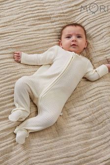 大地色 - Mori天然有機棉竹製米色華夫格樣式拉鏈連身睡衣 (N28143) | NT$1,560